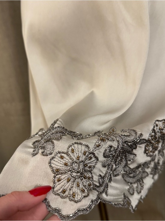 Zara Embroidered Mini Dress Pearl Gray XS Beaded V-Neck - Picture 7 of 15